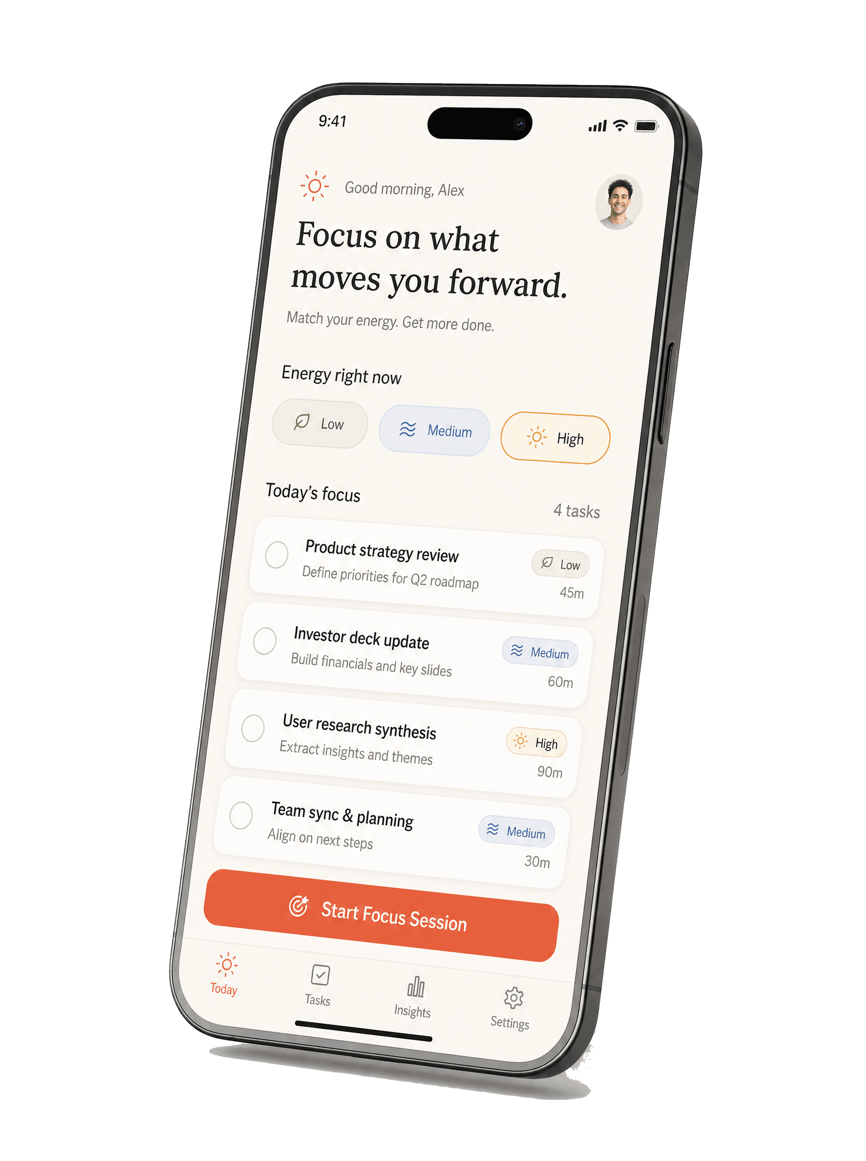 The Paffie app showing today's focus, energy check-in, and tasks matched to your energy